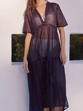 Anthropologie The Kallie Flowy Maxy Dress Lurex Edition Beach Women’s Size L